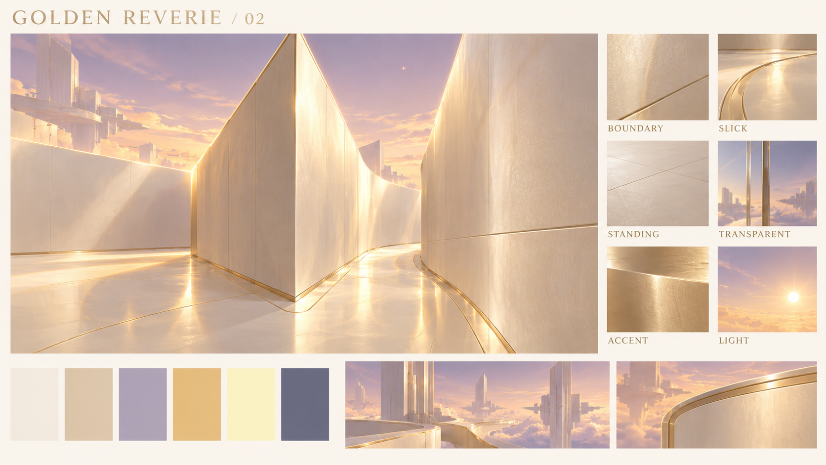 Golden Reverie moodboard: a featherlight dreamspace, pearl walls, luminous champagne riding surfaces, a lavender horizon and yellow-gold light.