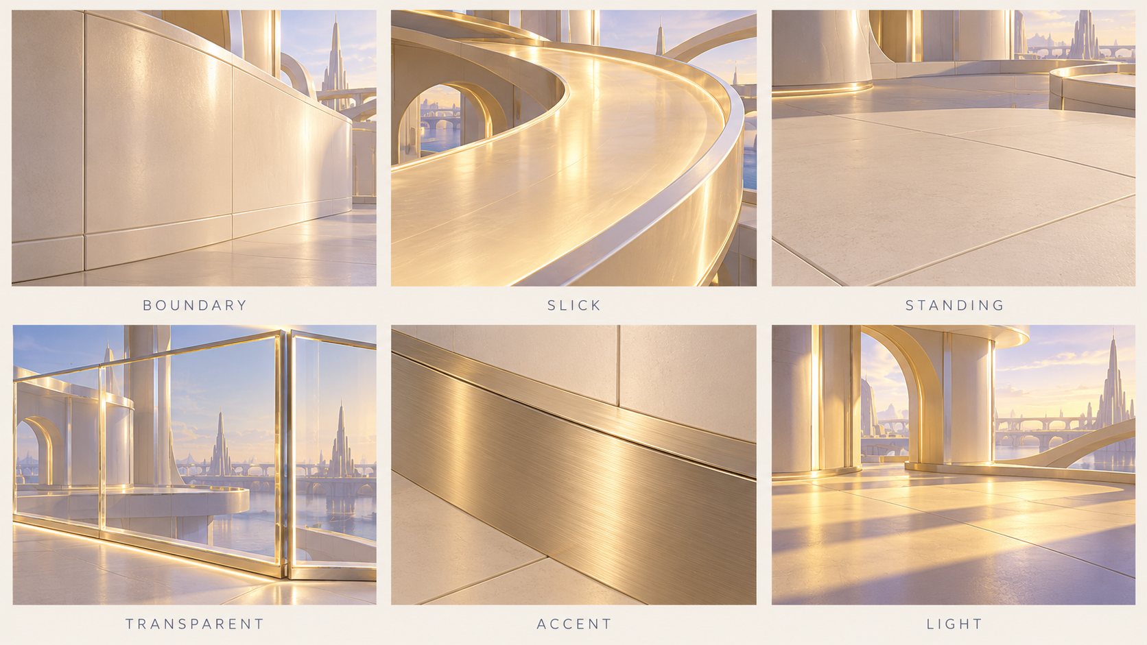 Six dreamspace material studies: pearl boundary, luminous slick finish, matte standing surface, clear glass, champagne metal and golden light.